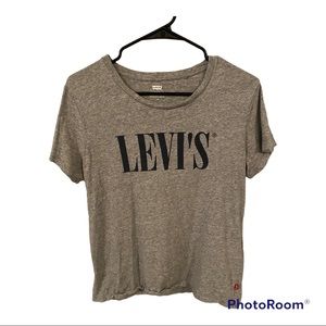 Levi’s brand Women’s Large Short Sleeve Shirt Gray with Navy Blue Lettering